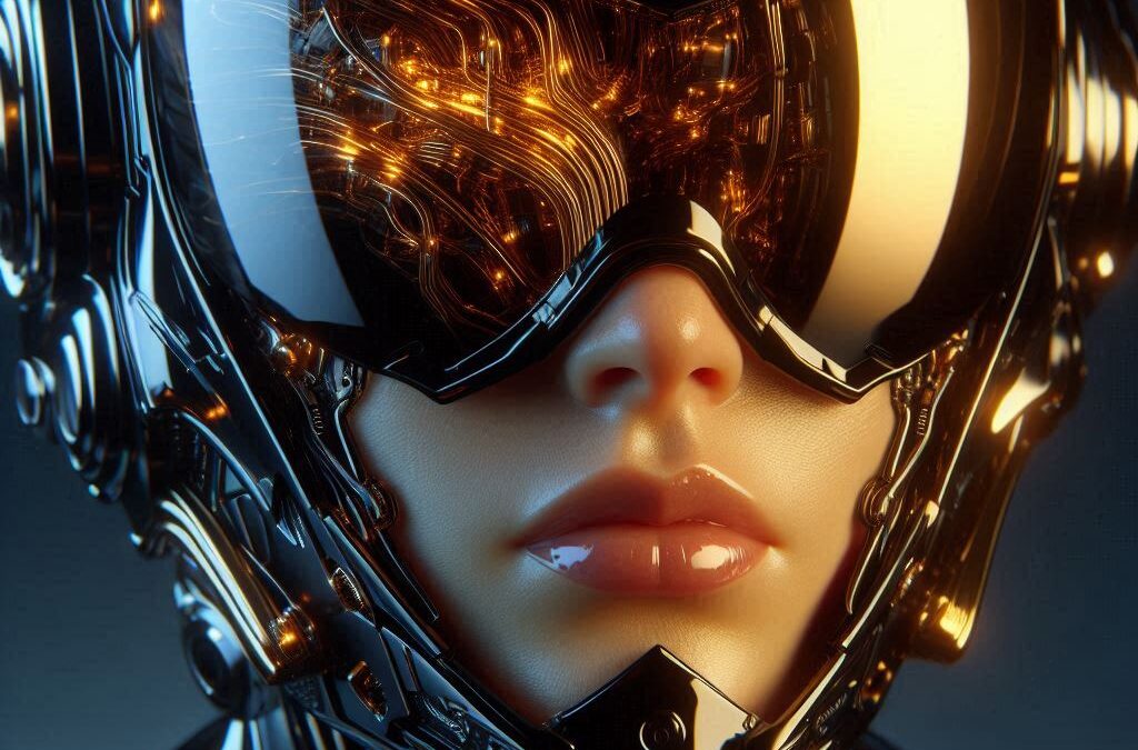 woman wearing a cyberpunk style shiny black helmet with robotic features